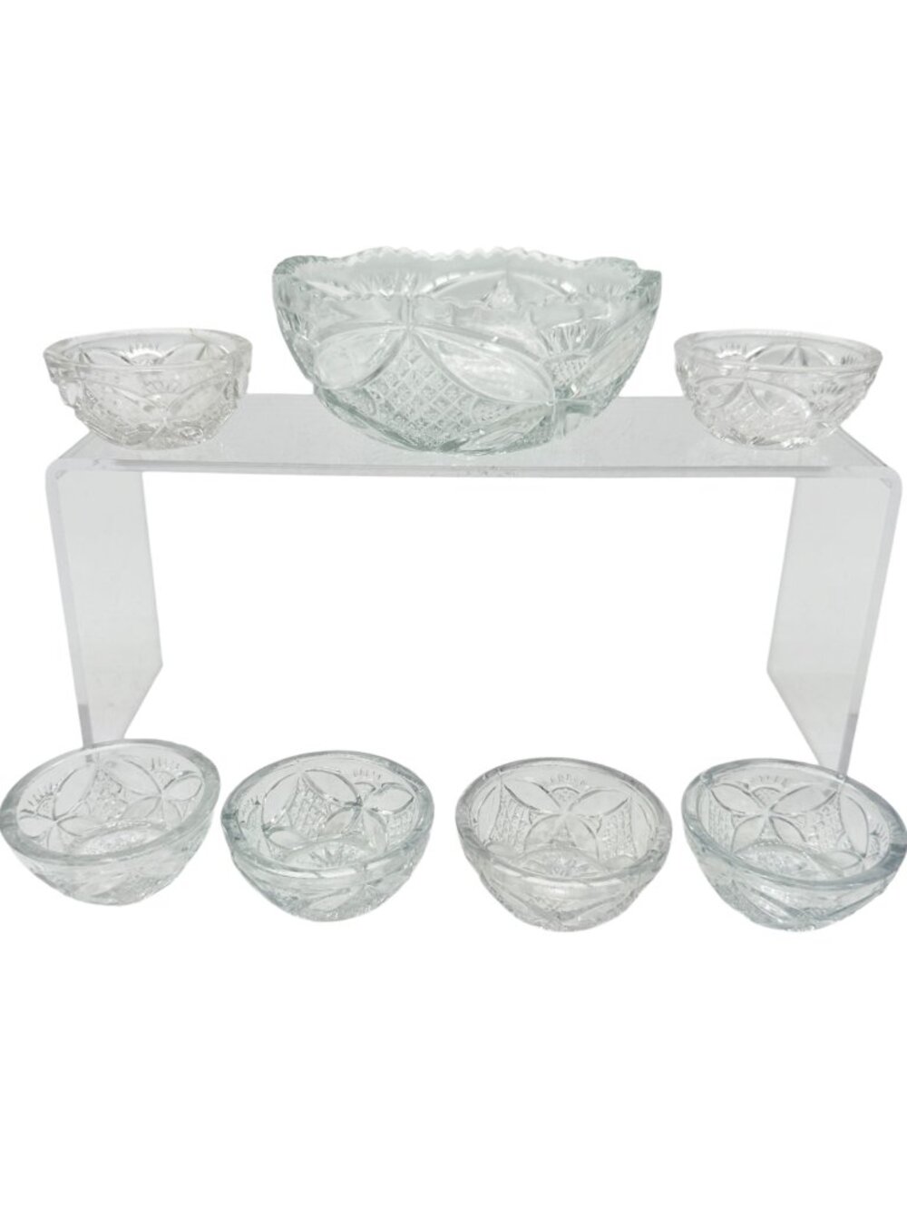 7 Pc Vtg Glass Berry Bowl Set Pattee Cross Design Scalloped Edge Child Tableware